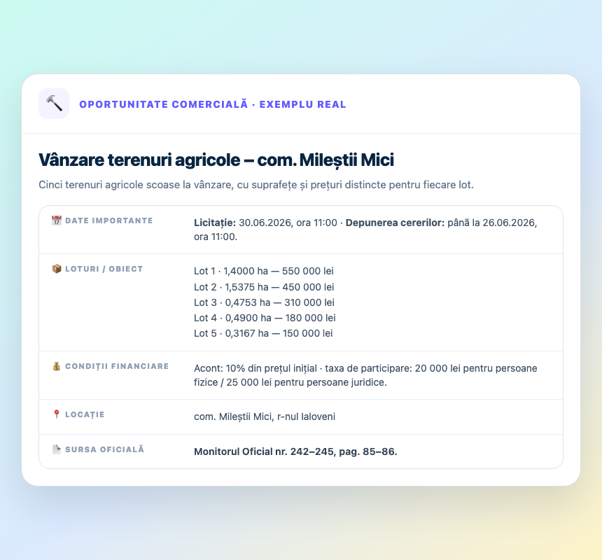 Реальное уведомление Notis о продаже сельскохозяйственных участков в Милештий Мичь